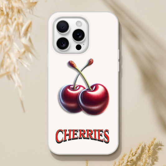 Cherry iPhone case with two cherries and CHERRIES text on a white slim protective cover for iPhone 13 Pro to 15 Pro.