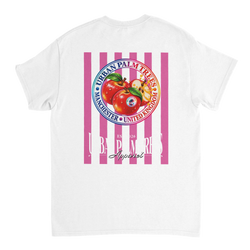 White women's graphic tee back with retro red apple illustration on pink stripes and Urban Palm Trees text.