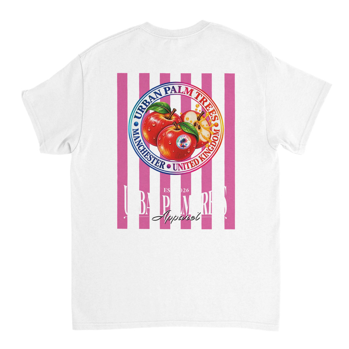 White women's graphic tee back with retro red apple illustration on pink stripes and Urban Palm Trees text.