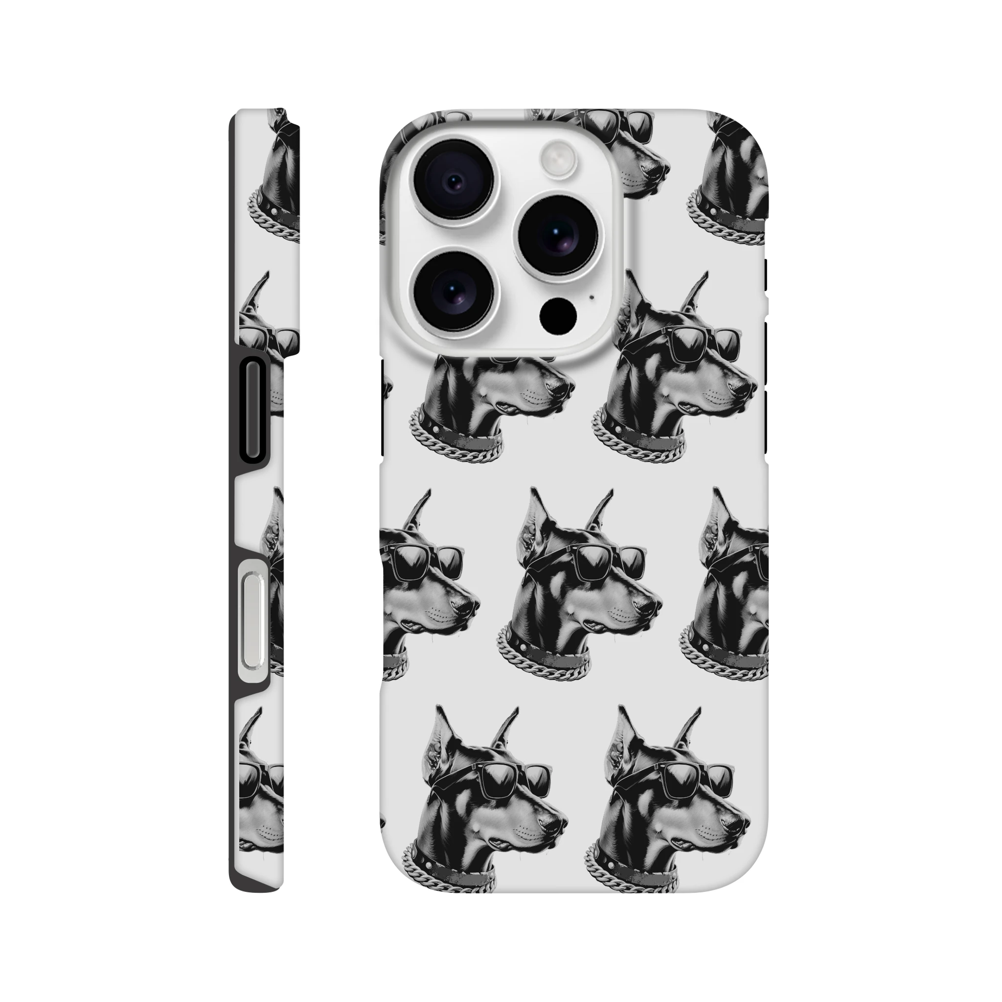 Gangster dog head wraparound print phone case with sunglasses; dual-layer protective glossy cover for iPhone 16–13.