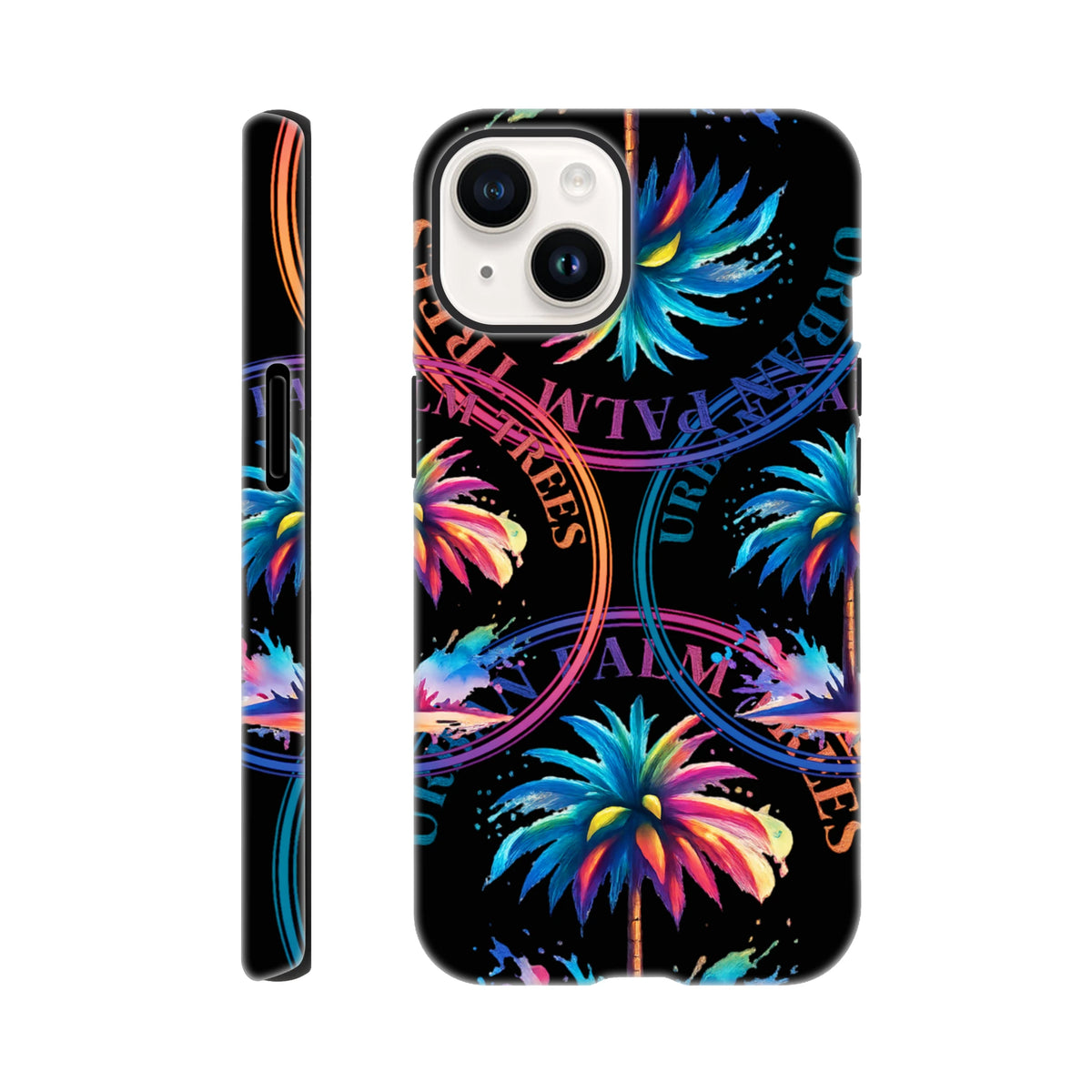 Vibrant tropical palm tree and streetwear text print on a tough black iPhone case designed for city life.