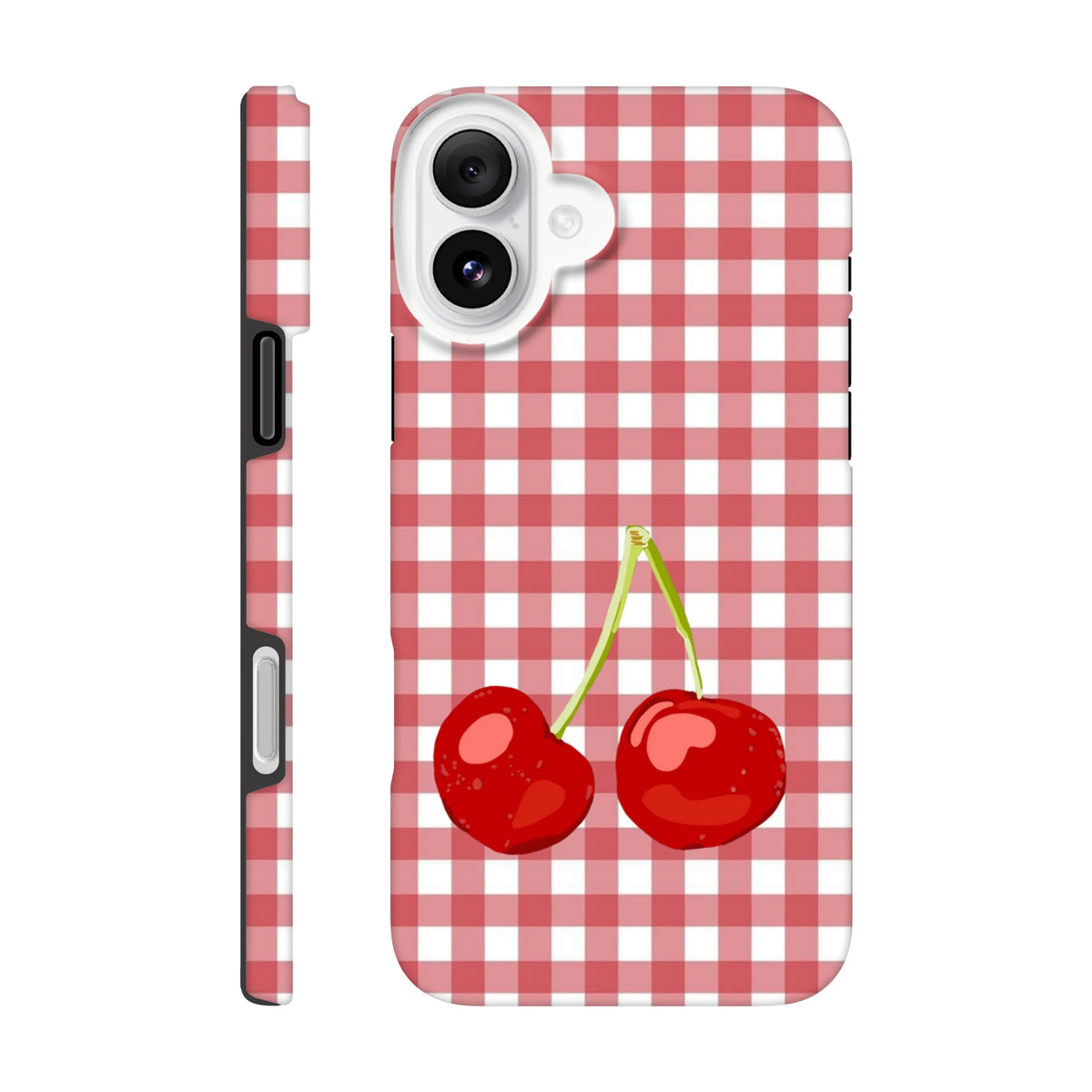 Red gingham iPhone case featuring cute cherries. Tough checkered cover with protective side buttons and camera cutout.