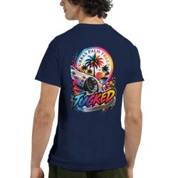 Back of navy T-shirt featuring colorful Tucked car graphic with Urban Palm Trees sunset and stylized tire tread text.