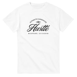 White cotton-blend Hustle graphic T-shirt for men with bold 'Hustle' script logo.