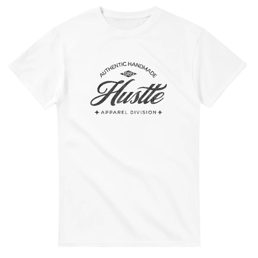 White cotton-blend Hustle graphic T-shirt for men with bold 'Hustle' script logo.