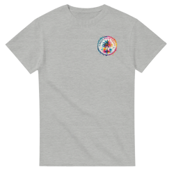 Grey t-shirt featuring a colorful circular Urban Palm Trees graphic on the chest with vibrant paint splatter details.
