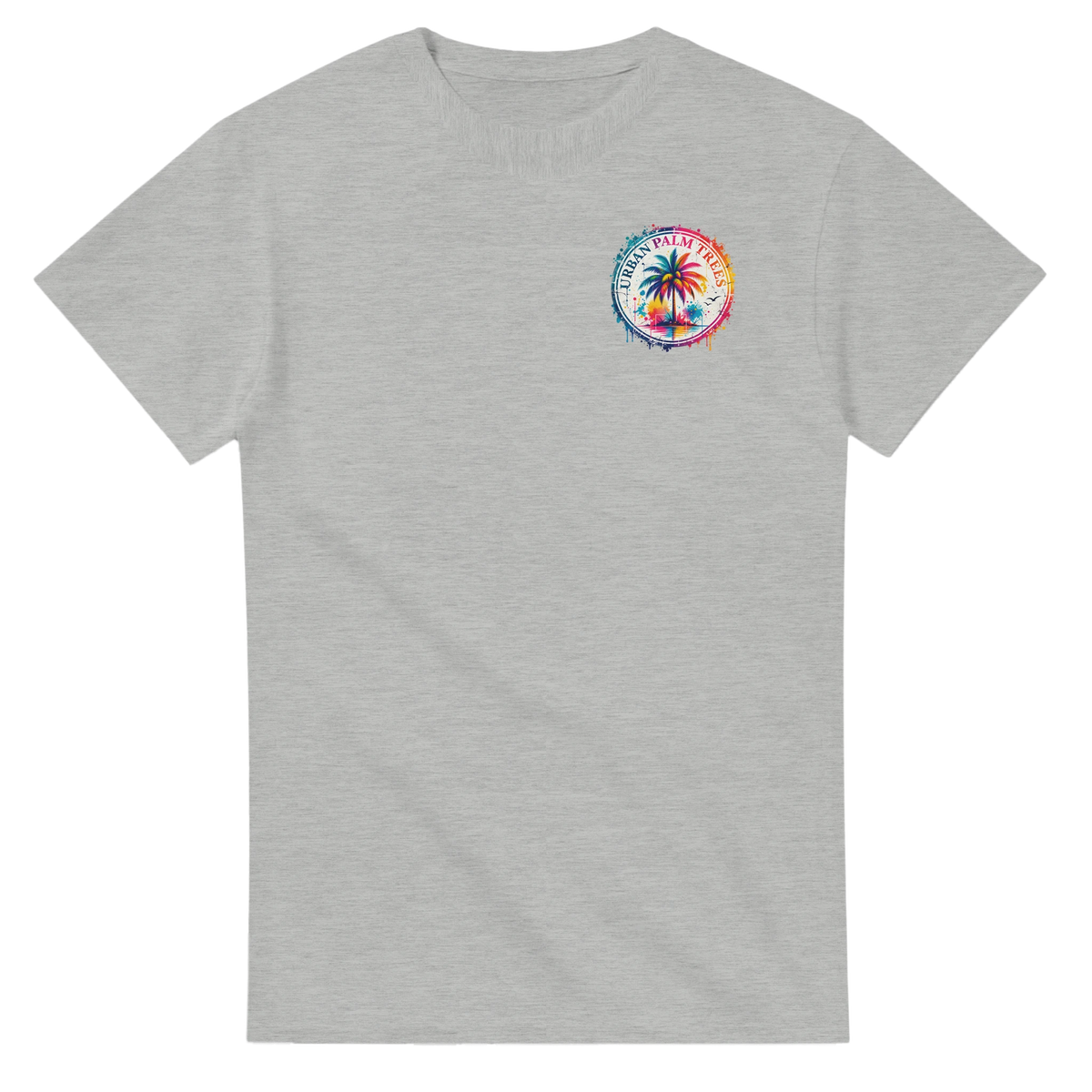 Grey t-shirt featuring a colorful circular Urban Palm Trees graphic on the chest with vibrant paint splatter details.