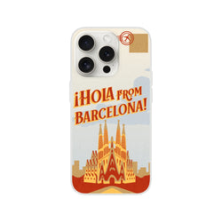 Vintage postcard-style iPhone case with Barcelona landmarks and Hola from Barcelona text.