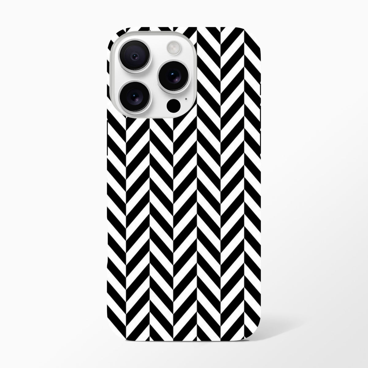 Black and white herringbone geometric iPhone case with tough dual-layer shock absorption and precise camera cutouts for model 13-16.