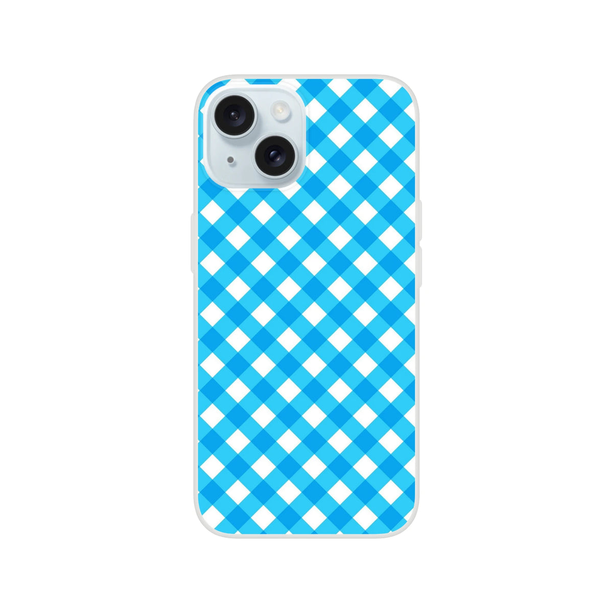 Blue gingham iPhone case (iPhone 13–16) with a preppy checkered pattern, chic everyday accessory.