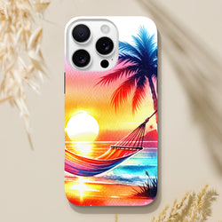 Vibrant tropical sunset iPhone case featuring a palm tree and hammock design. Tough protective cover with shock-absorbing core for daily urban use.
