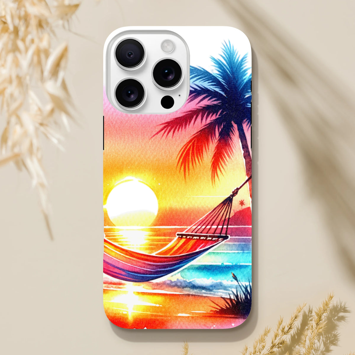 Vibrant tropical sunset iPhone case featuring a palm tree and hammock design. Tough protective cover with shock-absorbing core for daily urban use.