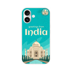 Vintage Postcard iPhone Case with India landmarks and Taj Mahal motif on teal background