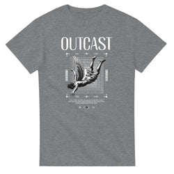 Outcast men's graphic T-shirt in heather grey with white gothic-urban print, soft cotton blend, sizes S-XL