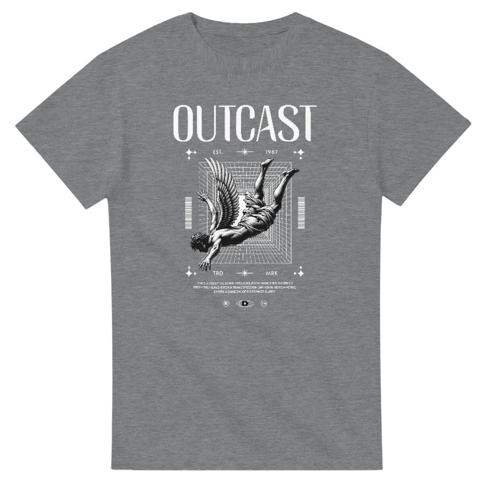 Outcast men's graphic T-shirt in heather grey with white gothic-urban print, soft cotton blend, sizes S-XL