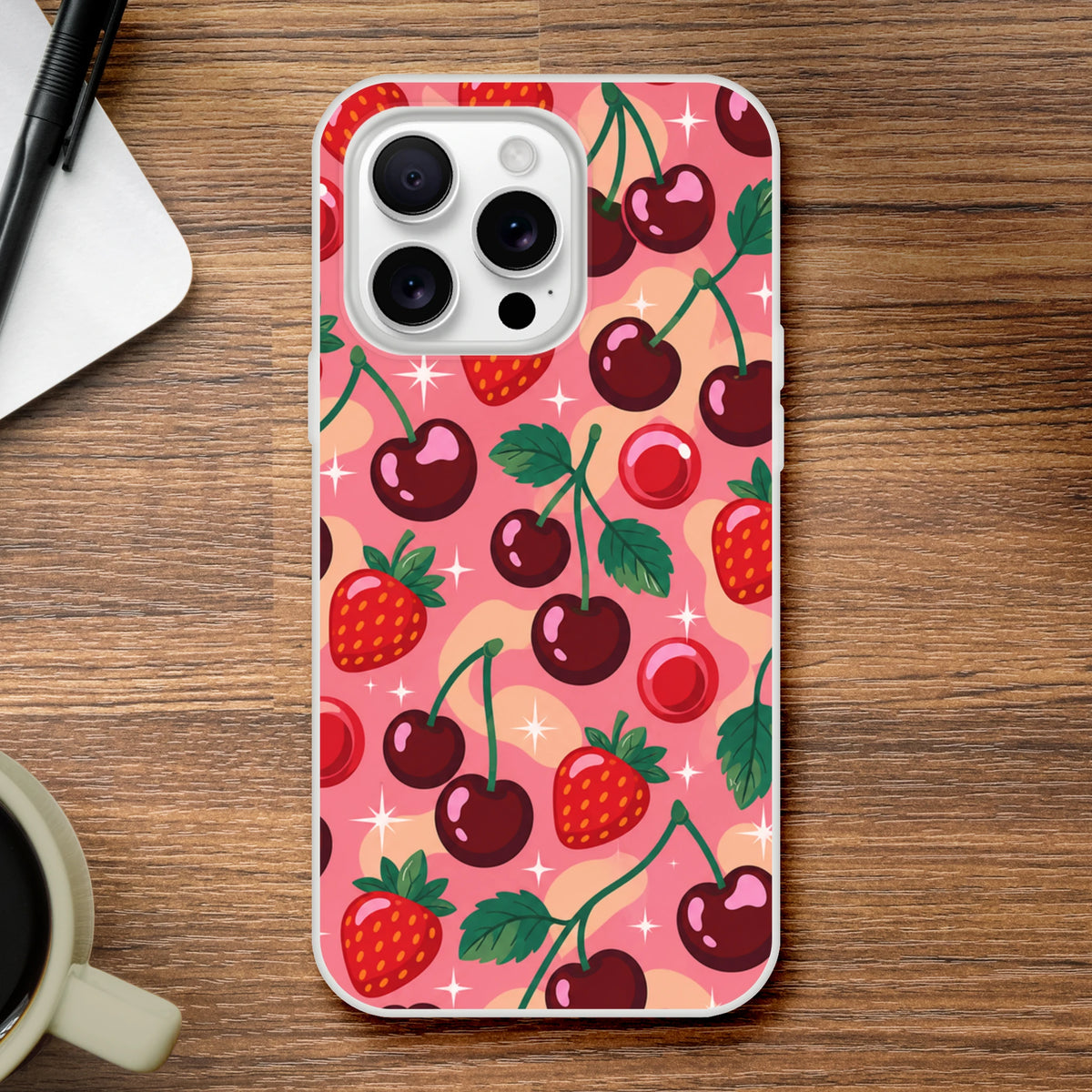 Retro pink iPhone case featuring a cute cherry and strawberry pattern with sparkles, designed for iPhone 13-16 models.