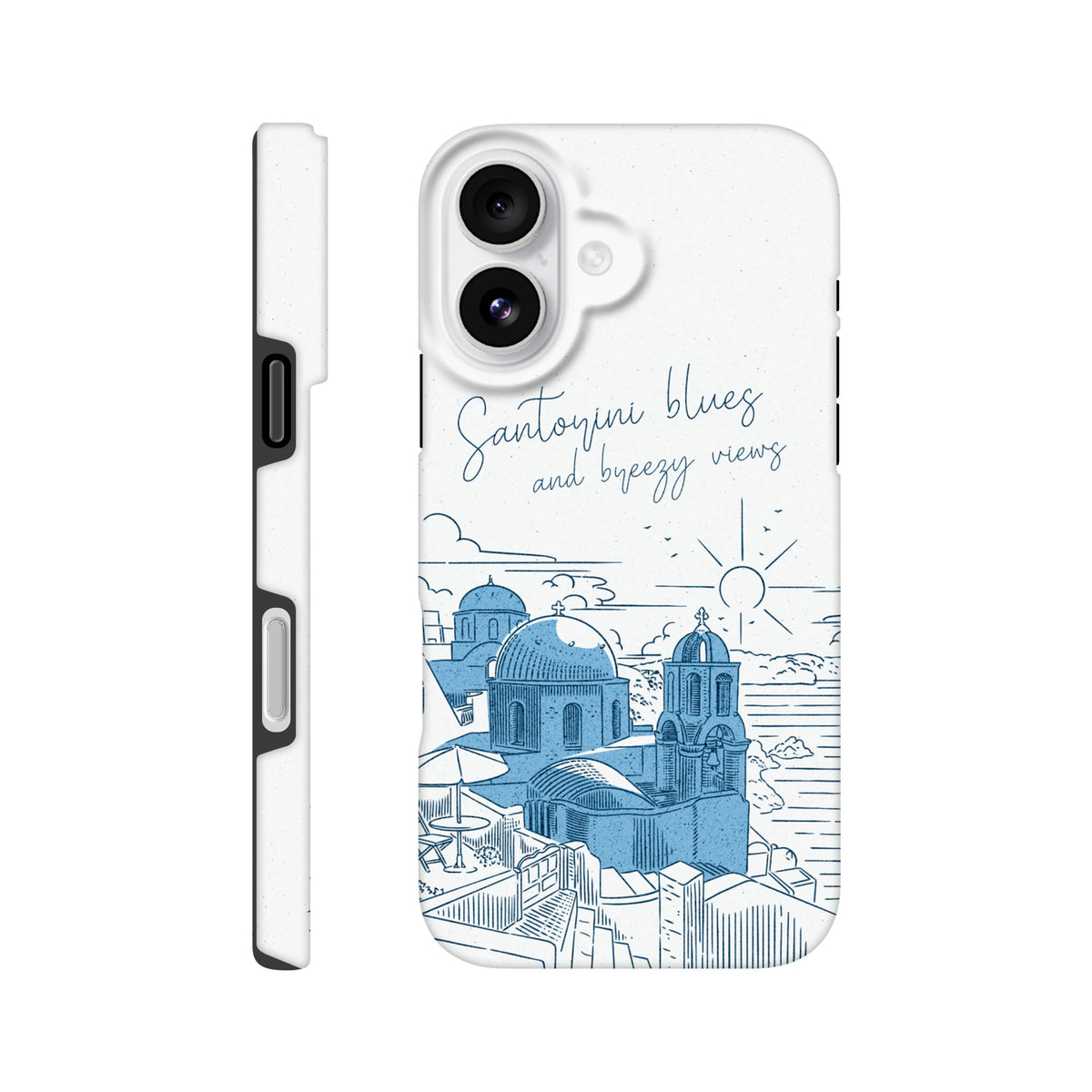 White iPhone case featuring a blue line art illustration of Santorini domes, ocean, and "Santorini blues and breezy views" text.