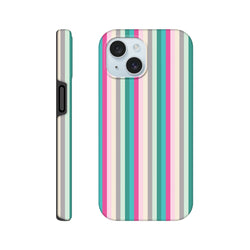 Retro pastel stripe tough iPhone case in pink, aqua, and grey. Vintage vertical stripe phone cover for daily carry protection.