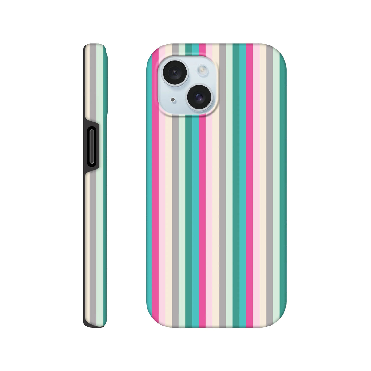 Retro pastel stripe tough iPhone case in pink, aqua, and grey. Vintage vertical stripe phone cover for daily carry protection.
