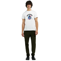 Male model wearing Urban Palm Trees T-Shirt for Men with colorful palm tree graphic.