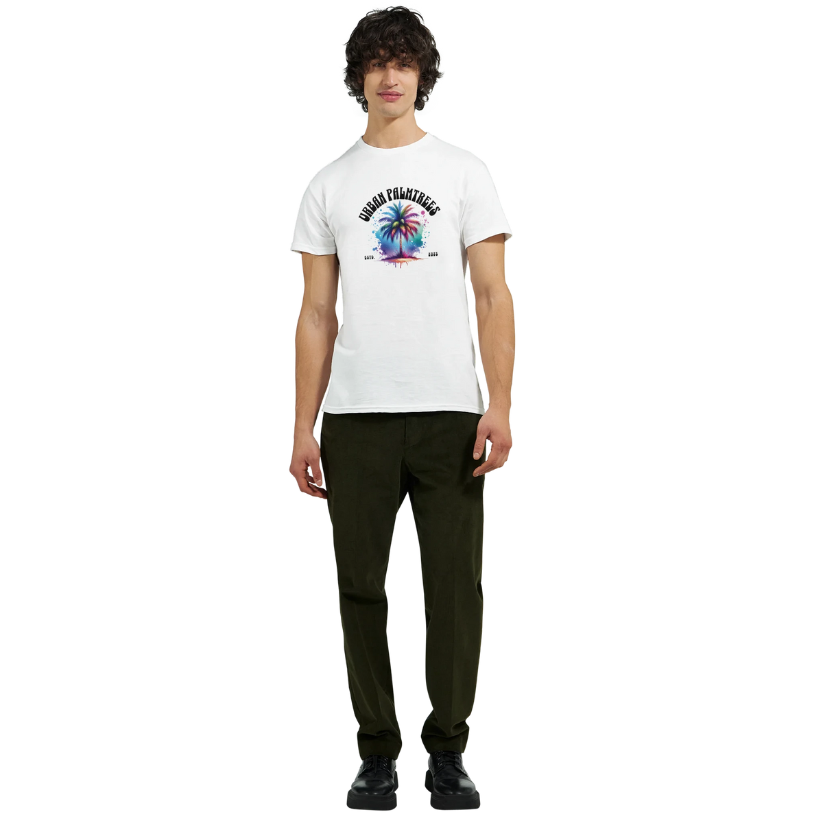 Male model wearing Urban Palm Trees T-Shirt for Men with colorful palm tree graphic.