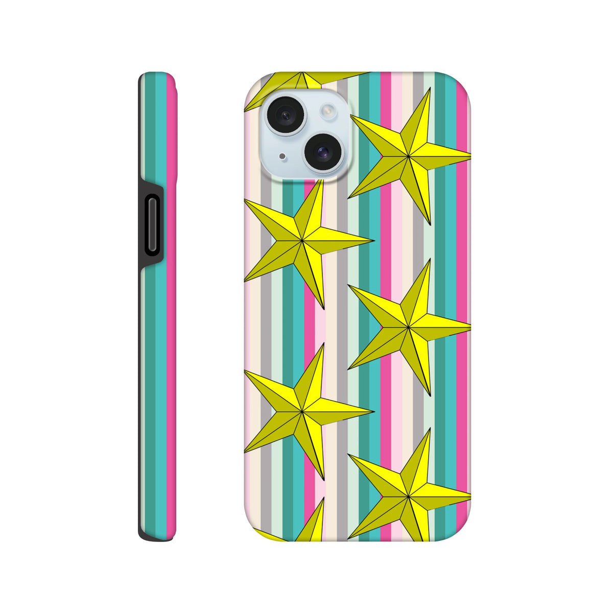 Retro iPhone case featuring bright yellow stars on colorful vertical stripes. Tough protective phone cover with shock-absorbing TPU for daily use.