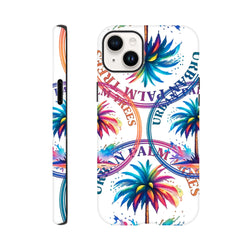 Vibrant tropical palm tree iPhone case with colorful wraparound print and circular Urban Palm Trees typography for streetwear style.