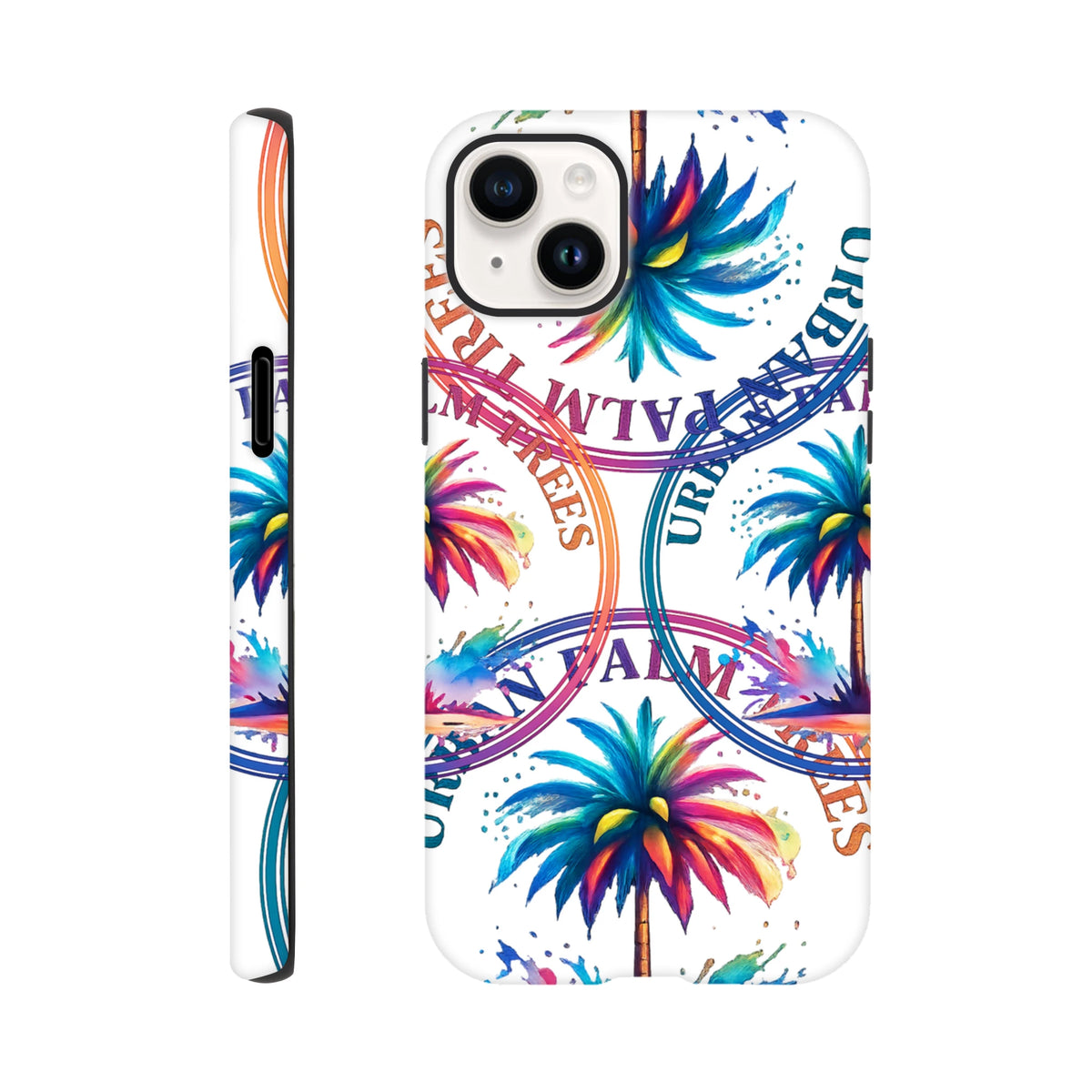 Vibrant tropical palm tree iPhone case with colorful wraparound print and circular Urban Palm Trees typography for streetwear style.