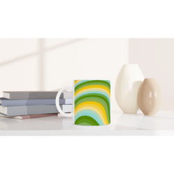 Retro Green & Yellow Wave Mug—groovy Y2K swirl ceramic coffee cup with rainbow design.