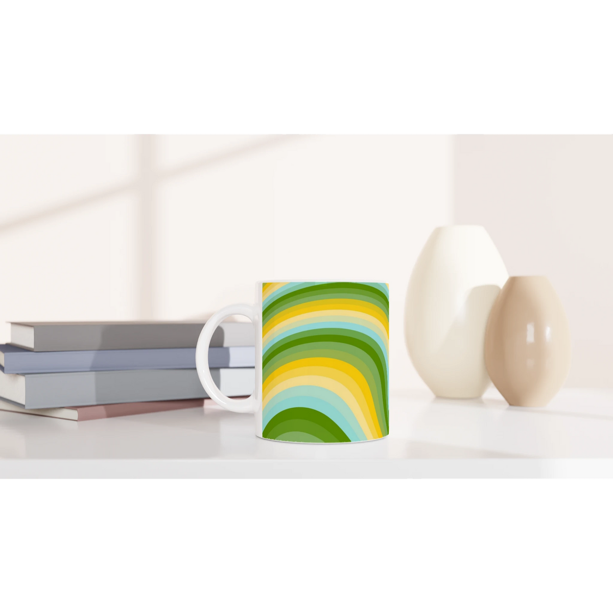 Retro Green & Yellow Wave Mug—groovy Y2K swirl ceramic coffee cup with rainbow design.