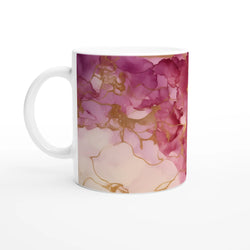 Pink marble mug with blush rose gold abstract pattern on ceramic coffee cup.
