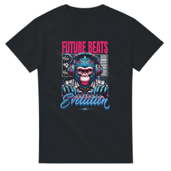Black men's t-shirt featuring a retro cyborg gorilla DJ graphic with pink "Future Beats" text and blue "Evolution" script.