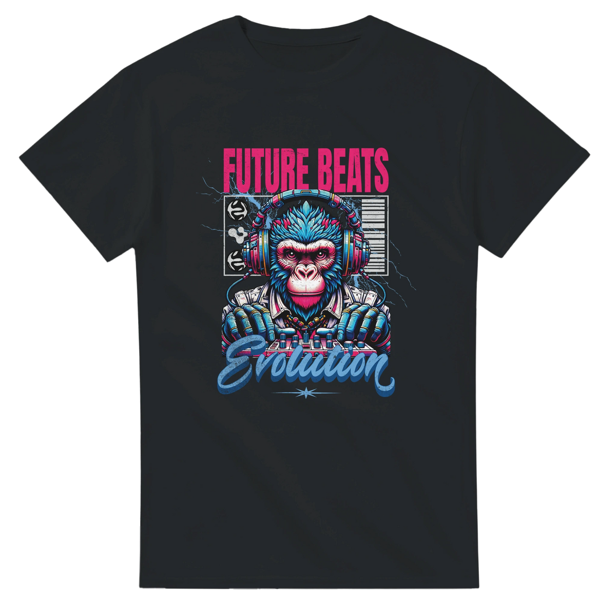 Black men's t-shirt featuring a retro cyborg gorilla DJ graphic with pink "Future Beats" text and blue "Evolution" script.