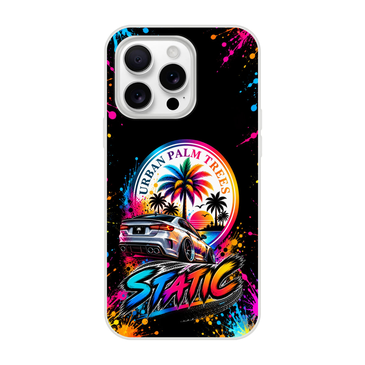 Static Slammed Petrolhead iPhone case featuring a slammed car, colorful palm trees, and vibrant paint splatters on a black background.