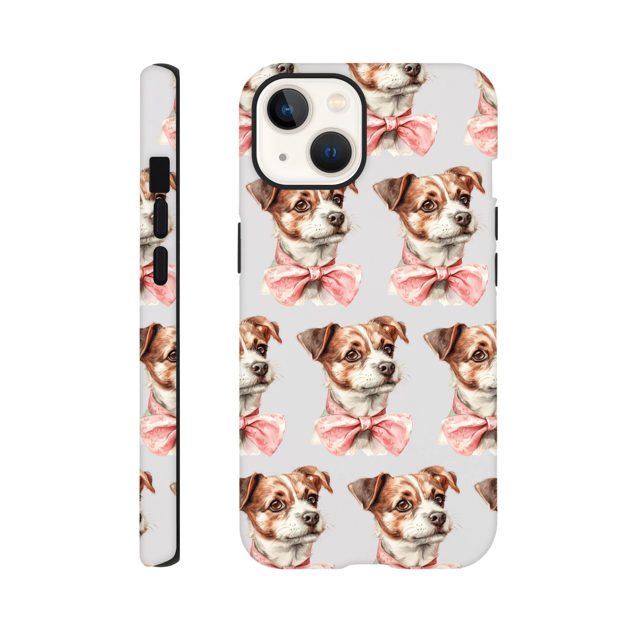 Cute dog-print tough protective iPhone case with double-layer wraparound print for iPhone 16, 15, 14, 13—glossy finish.