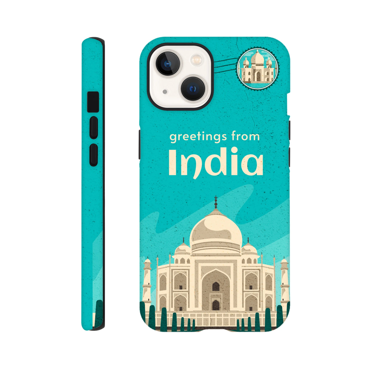 India Taj Mahal Postcard Tough iPhone Case (13-16) Travel Cover with teal wraparound Taj Mahal artwork