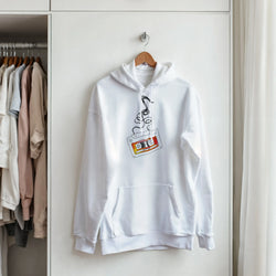 Retro cassette tape hoodie for men with vintage music graphic on a white pullover hanging in closet