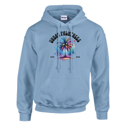 Light blue Urban Palm Trees Hoodie with colorful palm tree graphic, front pouch pocket and double-lined hood.