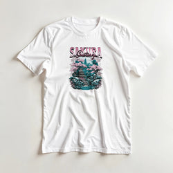 White men's graphic T-shirt with Japanese Sakura design, cherry blossoms and pagoda scene.