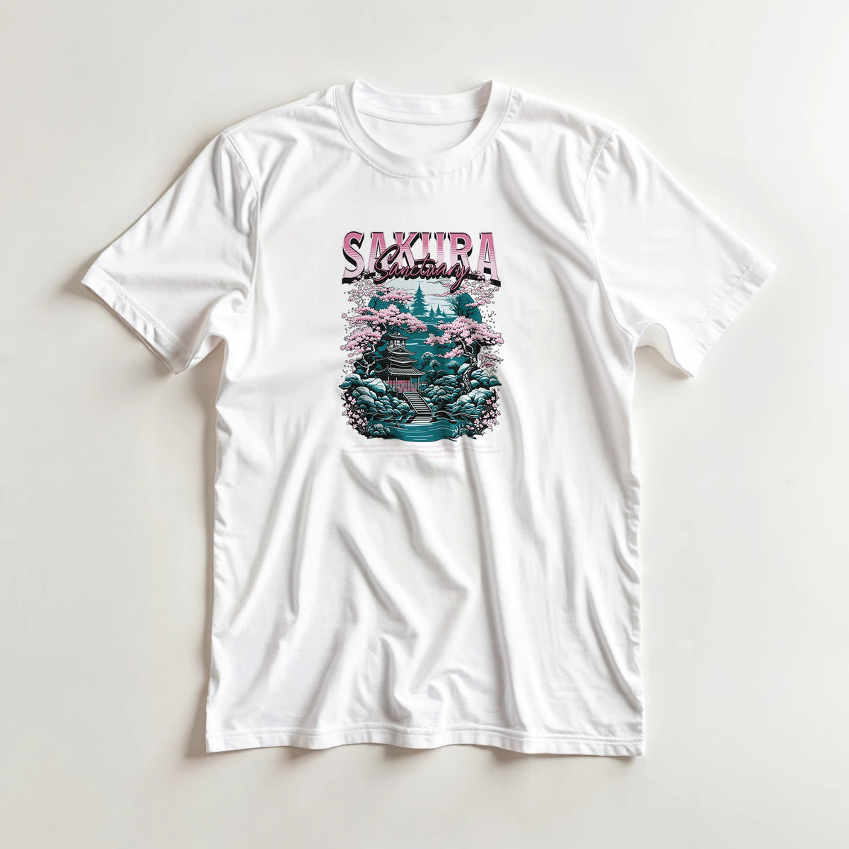 White men's graphic T-shirt with Japanese Sakura design, cherry blossoms and pagoda scene.