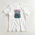 White men's graphic T-shirt with Japanese Sakura design, cherry blossoms and pagoda scene.