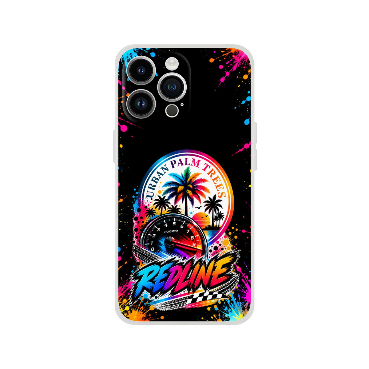 Vibrant iPhone case featuring a tachometer, "Urban Palm Trees" sunset graphic, and colorful "Redline" typography with paint splatter accents.