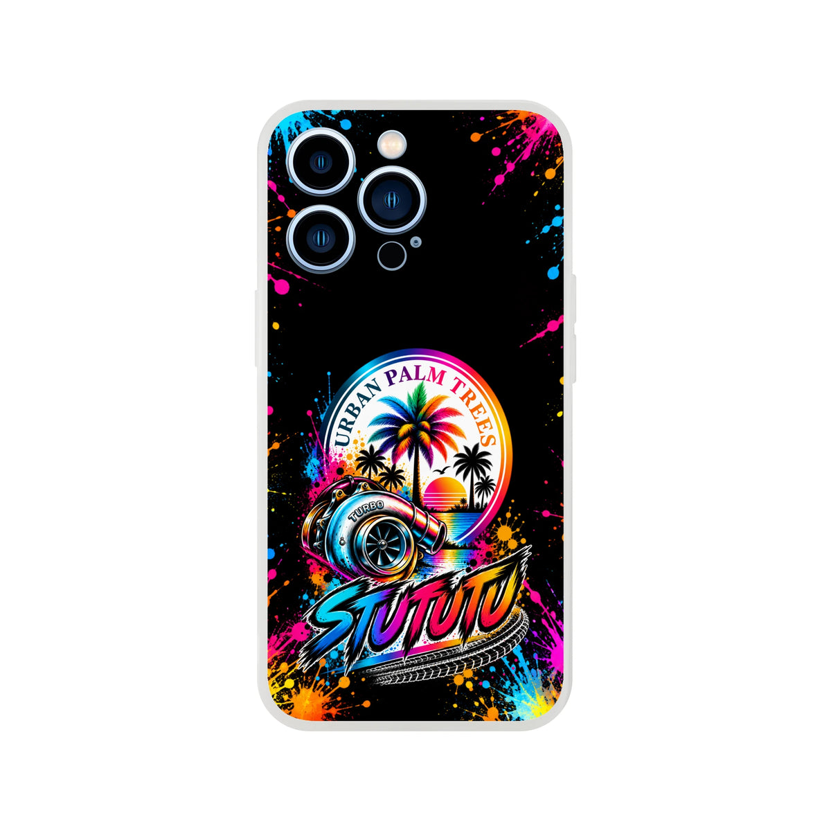 Turbo car culture iPhone case featuring a colorful turbocharger, palm trees, and neon splatter art design.