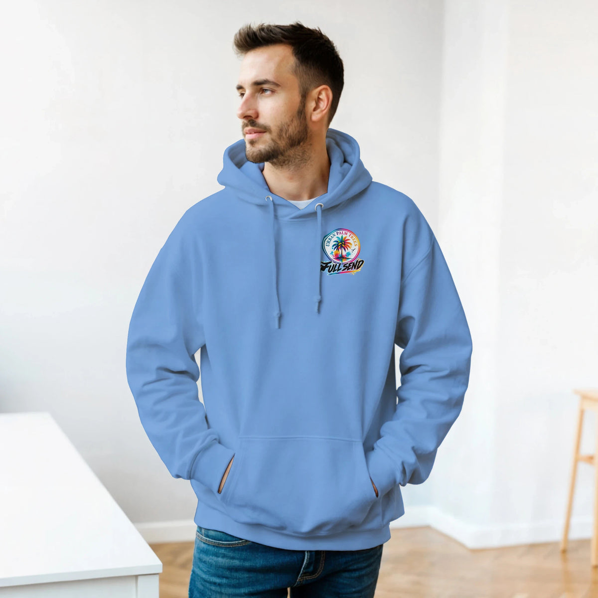 Man wearing light blue On Boost car hoodie with "Full Send" palm tree graphic and front pouch pocket. Petrolhead streetwear sweatshirt.