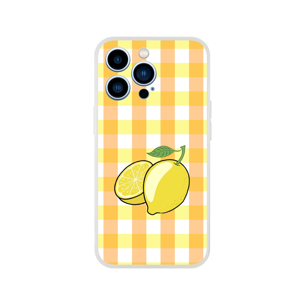 Yellow lemon gingham iPhone case for 13-16 with bright lemon illustration.
