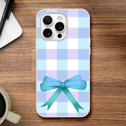 Blue Gingham Bow iPhone Case (13-16) in pastel blue tones with bow, cute coquette aesthetic