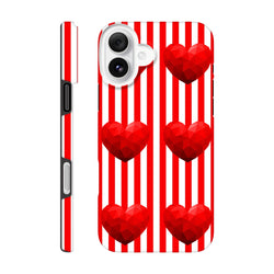 Red and white vertical striped iPhone case with five low-poly red hearts, featuring a tough retro streetwear design for impact resistance.