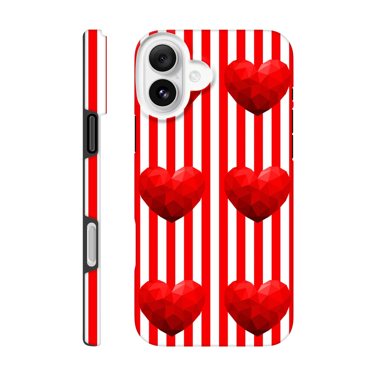 Red and white vertical striped iPhone case with five low-poly red hearts, featuring a tough retro streetwear design for impact resistance.