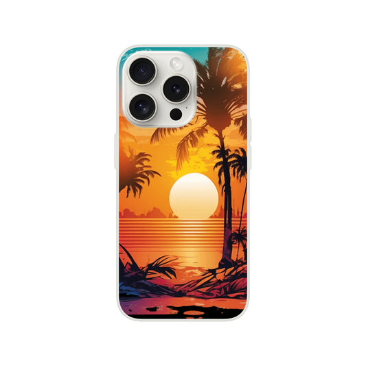 iPhone case with a tropical sunset design featuring palm trees and a beach 2