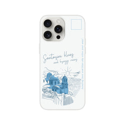 Vintage postcard-style iPhone case with Santorini blue domes on white background